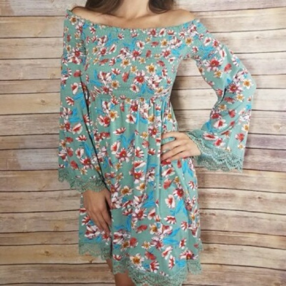 NWT Juniors’ Xhilaration Jade Haze Off the Shoulder Floral Print  Dress Size M - Picture 6 of 8
